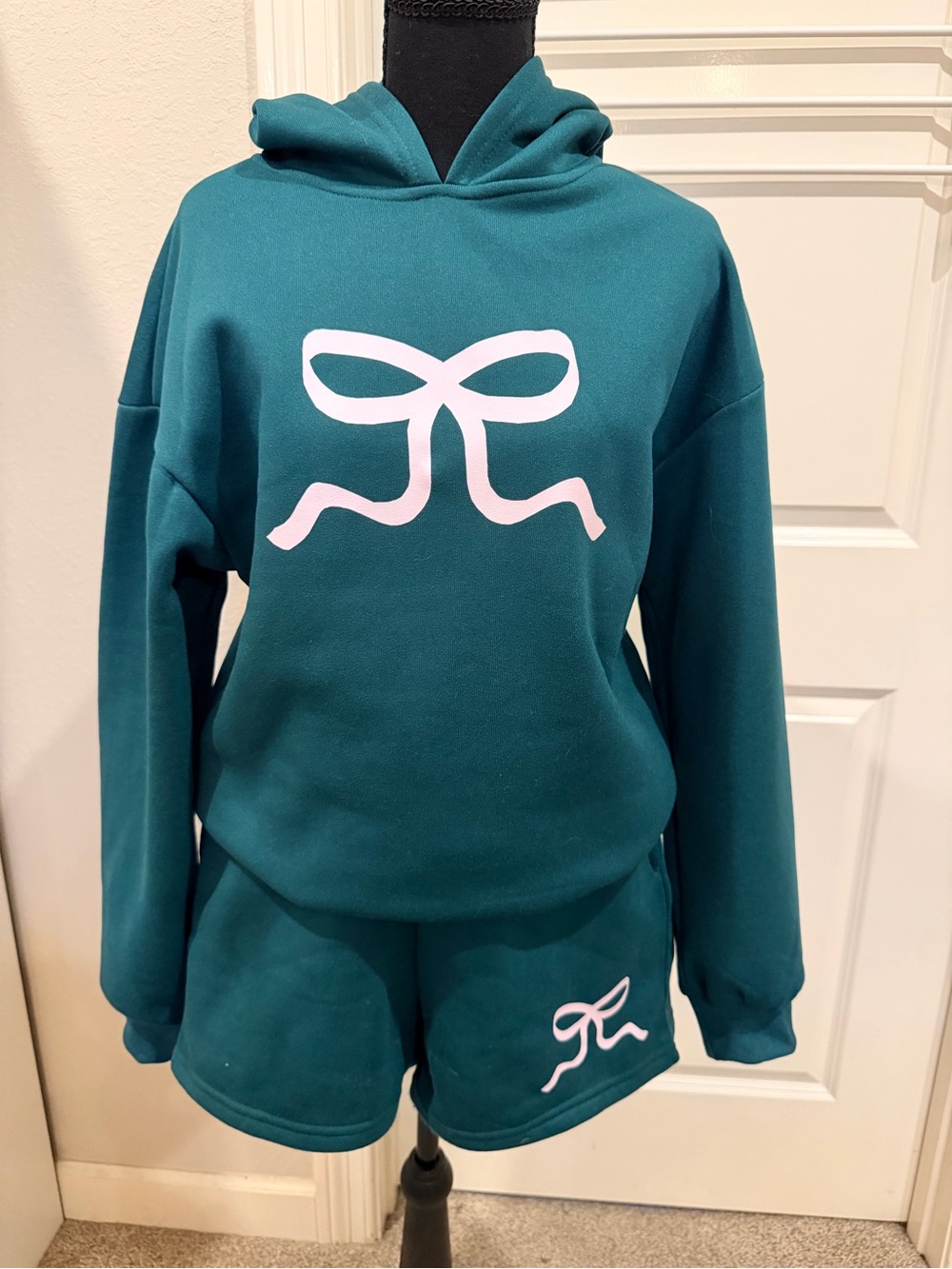 Teal Lounge Hoodie & Shorts Set with Pink Bow Logo